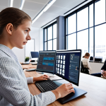 **Prompt:** A young lawyer specializing in IT law, working on a complex legal tech software solution in a modern, open-plan office with colleagues. Focus on collaboration and innovation in a dynamic startup environment.