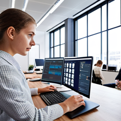Home 23 **Prompt:** A young lawyer specializing in IT law, working on a complex legal tech software solution in a modern, open-plan office with colleagues. Focus on collaboration and innovation in a dynamic startup environment.