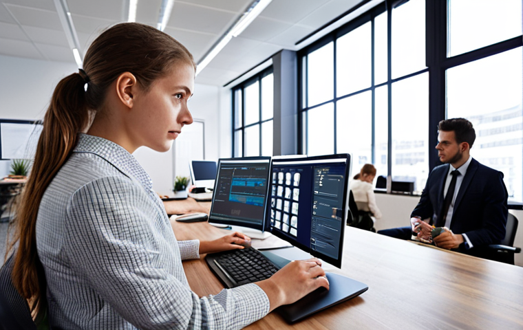 **Prompt:** A young lawyer specializing in IT law, working on a complex legal tech software solution in a modern, open-plan office with colleagues. Focus on collaboration and innovation in a dynamic startup environment.