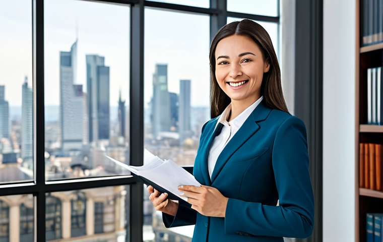 **
"A successful female lawyer in a modern, bright office. She is wearing a tailored, fully clothed business suit, appropriate attire, and is smiling confidently while reviewing documents. Background includes bookshelves and a large window overlooking a cityscape. Perfect anatomy, correct proportions, natural pose, well-formed hands, proper finger count, professional photography, high quality, safe for work, appropriate content, fully clothed, professional, modest, family-friendly."
**