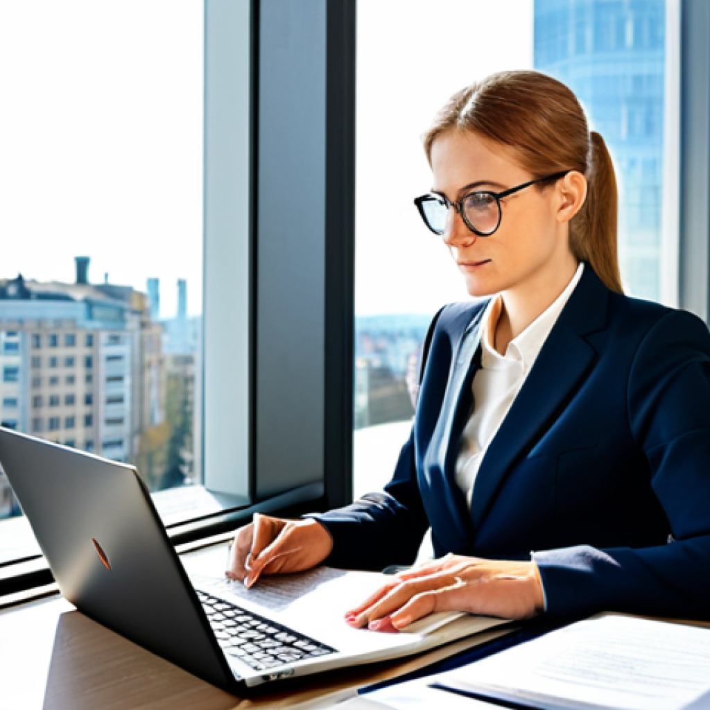 **

A professional German lawyer, fully clothed in a tailored business suit (appropriate attire), sits at a clean desk in a bright, modern law office. Sunlight streams through a large window overlooking a cityscape. She is focused on a document, with a neatly organized desk including a laptop, legal books, and a coffee cup. Perfect anatomy, correct proportions, well-formed hands, natural pose. High quality, professional photography, safe for work, family-friendly, modest.

**