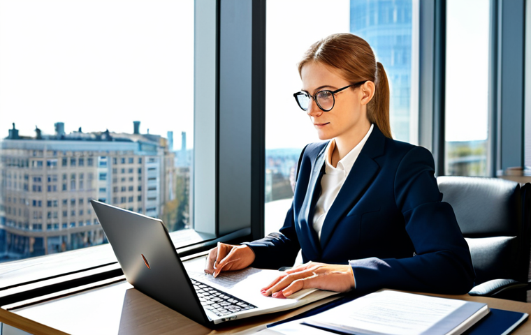**
A professional German lawyer, fully clothed in a tailored business suit (appropriate attire), sits at a clean desk in a bright, modern law office. Sunlight streams through a large window overlooking a cityscape. She is focused on a document, with a neatly organized desk including a laptop, legal books, and a coffee cup. Perfect anatomy, correct proportions, well-formed hands, natural pose. High quality, professional photography, safe for work, family-friendly, modest.
**