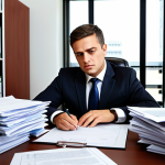 Lawyer in a Modern Office**

"A busy lawyer in a modern office setting, surrounded by legal documents and a computer displaying overflowing emails, fully clothed in a professional business suit, working diligently at their desk. Safe for work, appropriate content, professional, perfect anatomy, correct proportions, well-formed hands, natural lighting."

**