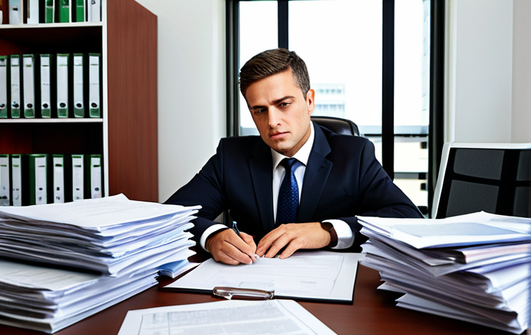 Lawyer in a Modern Office**
"A busy lawyer in a modern office setting, surrounded by legal documents and a computer displaying overflowing emails, fully clothed in a professional business suit, working diligently at their desk. Safe for work, appropriate content, professional, perfect anatomy, correct proportions, well-formed hands, natural lighting."
**