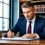 Modern Law Office**

"A professional lawyer in a modern office setting, fully clothed in a business suit, discussing a case with a client at a large wooden table, legal documents visible, appropriate attire, safe for work, perfect anatomy, natural proportions, professional photography, high quality, serious and focused expression, family-friendly."

**