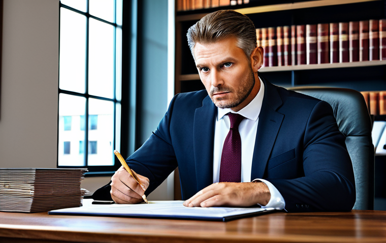 Modern Law Office**
"A professional lawyer in a modern office setting, fully clothed in a business suit, discussing a case with a client at a large wooden table, legal documents visible, appropriate attire, safe for work, perfect anatomy, natural proportions, professional photography, high quality, serious and focused expression, family-friendly."
**