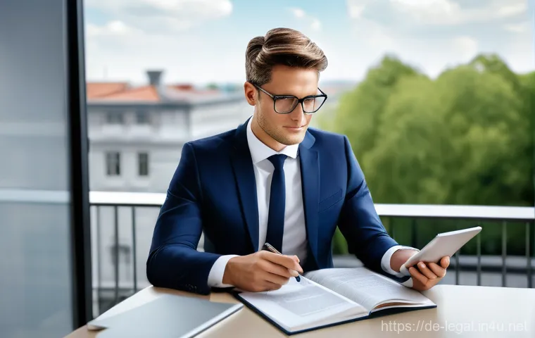 법률 자문가의 목표 설정 방법 - A confident young German lawyer, gender-neutral, dressed in modern, smart business attire, stands at...