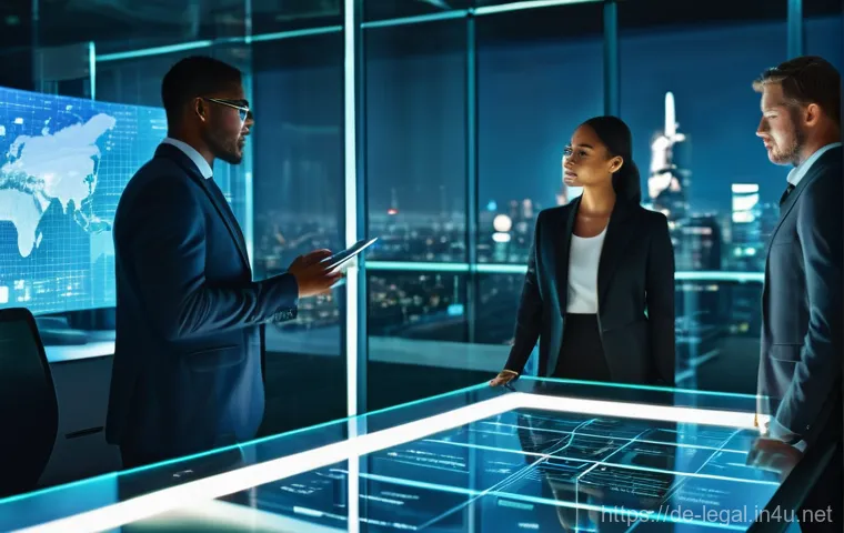 법률 자문가의 법적 리스크 관리 - **Prompt:** A dynamic, high-angle wide shot of a diverse group of legal professionals (men and women...