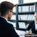 Home 16 법률자문가의 커리어 목표 설정 - A professional German legal consultant in a modern office setting, dressed in a sharp dark business ...