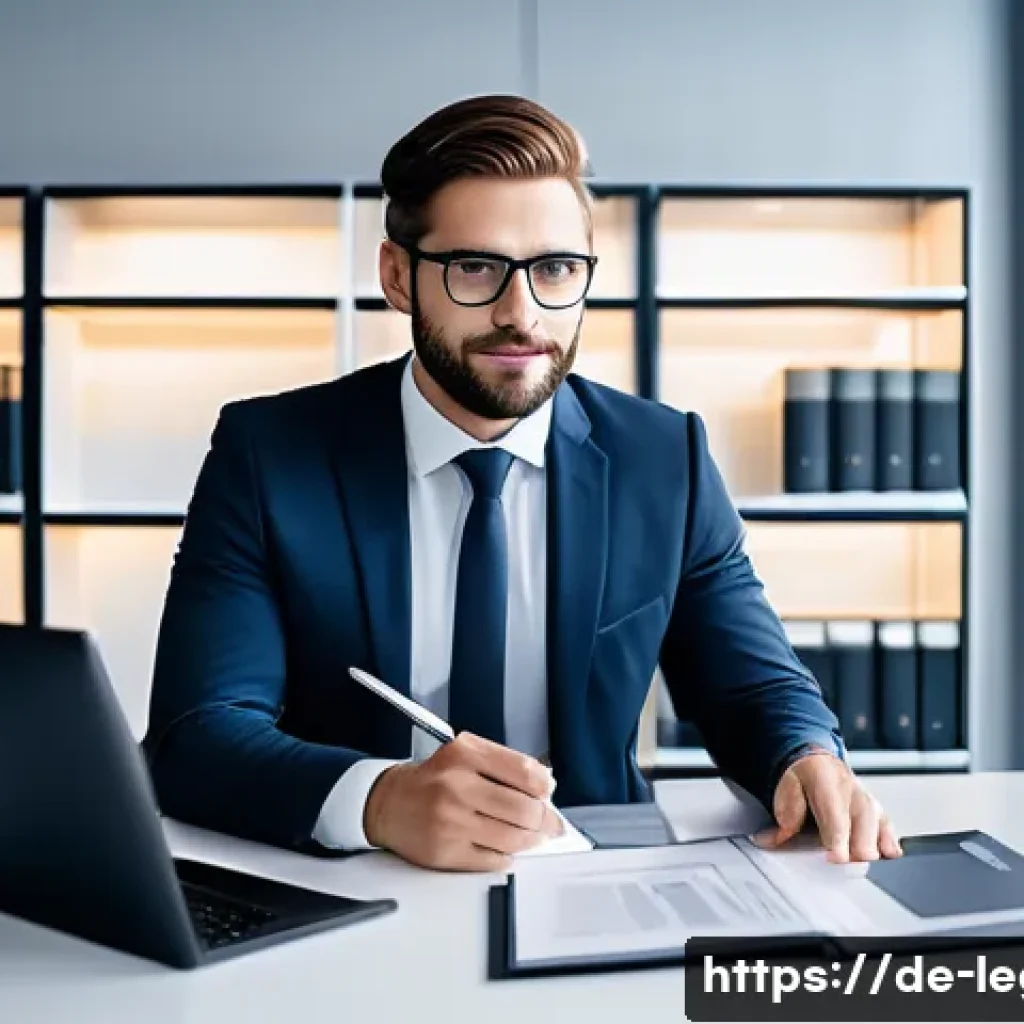 법률자문가의 커리어 관리 - A modern law office scene in a bright, sleek German-style workspace, featuring a confident professio...