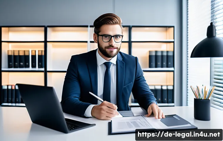 법률자문가의 커리어 관리 - A modern law office scene in a bright, sleek German-style workspace, featuring a confident professio...