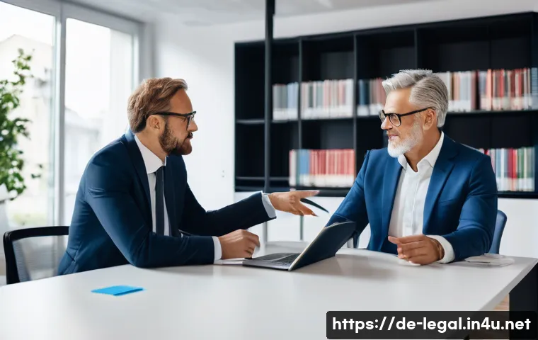 법률 자문가 커뮤니케이션 능력 - A professional German legal consultant in a modern office setting, calmly explaining complex legal c...