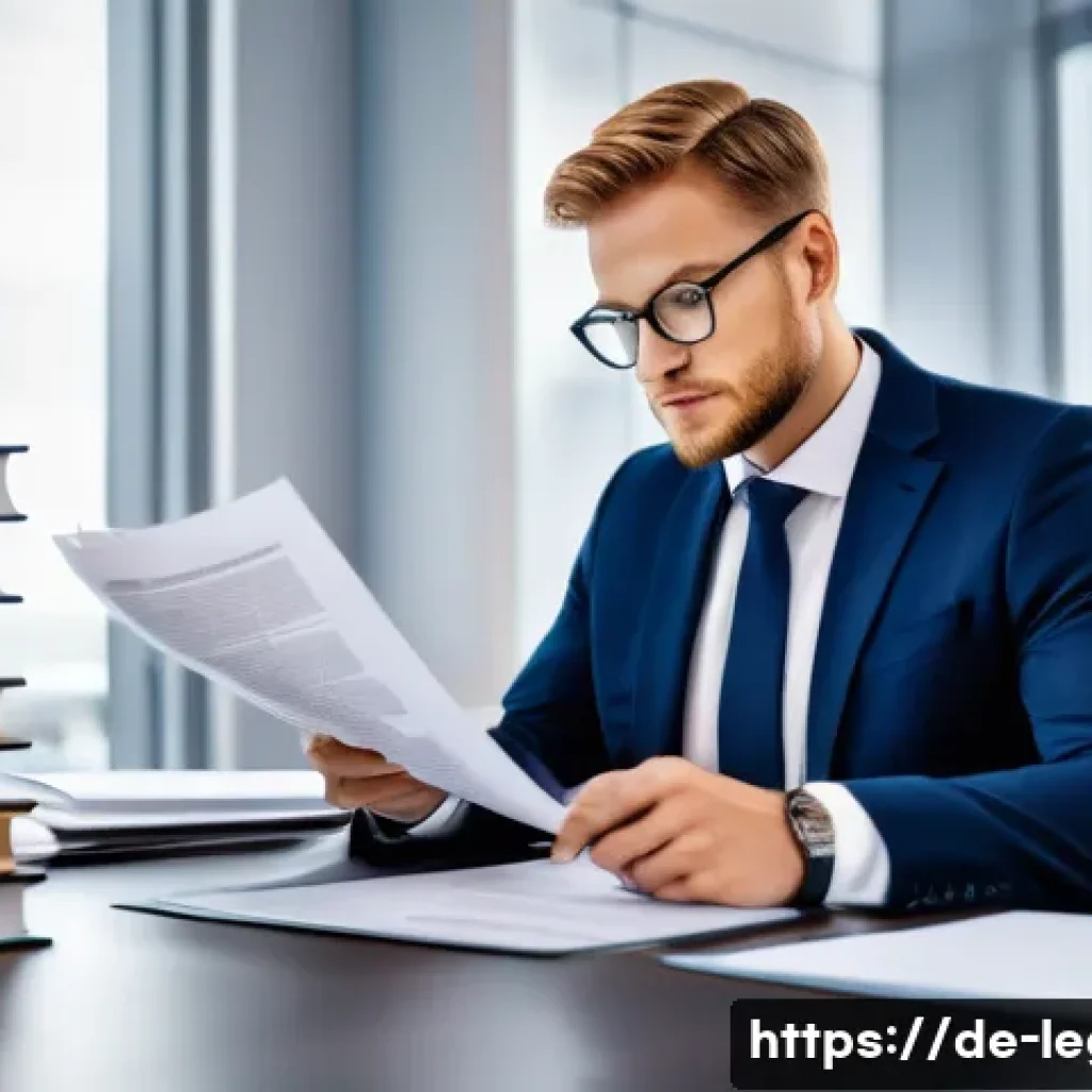 법률 자문가의 법적 문서 검토 - A professional German lawyer in a modern office, meticulously reviewing a complex contract document ...