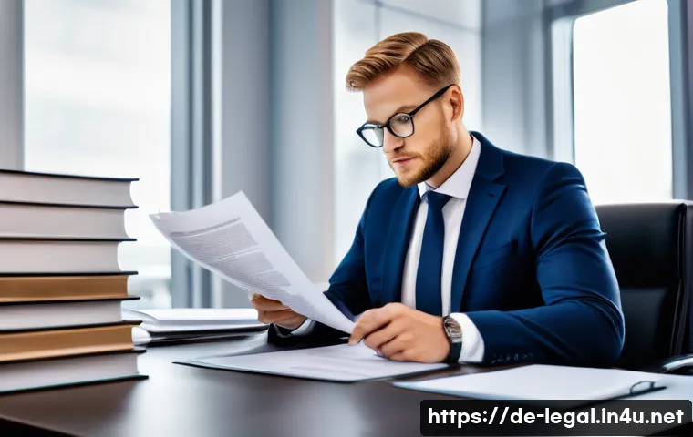 법률 자문가의 법적 문서 검토 - A professional German lawyer in a modern office, meticulously reviewing a complex contract document ...