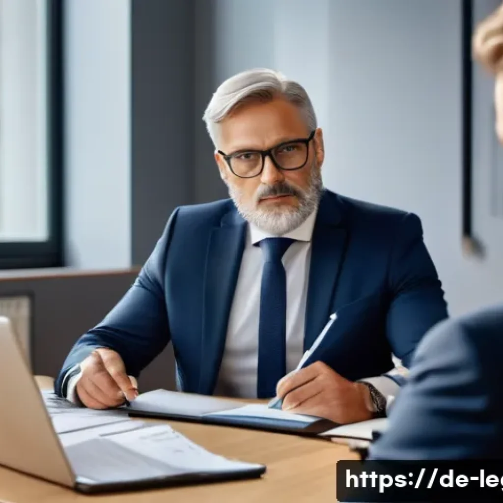 법률 자문가의 사례 분석법 - A professional legal consultant in a modern German law office, attentively interviewing a middle-age...