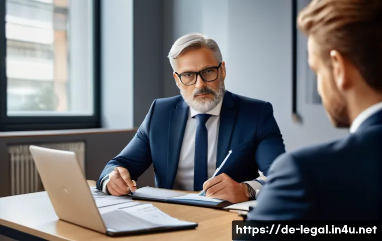 법률 자문가의 사례 분석법 - A professional legal consultant in a modern German law office, attentively interviewing a middle-age...