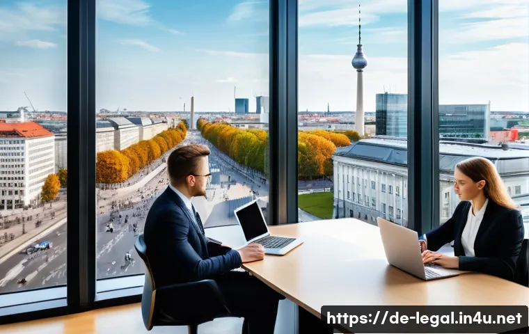 법률자문가의 경력 개발 계획 - A professional modern German law office scene showing a diverse group of lawyers in business attire ...