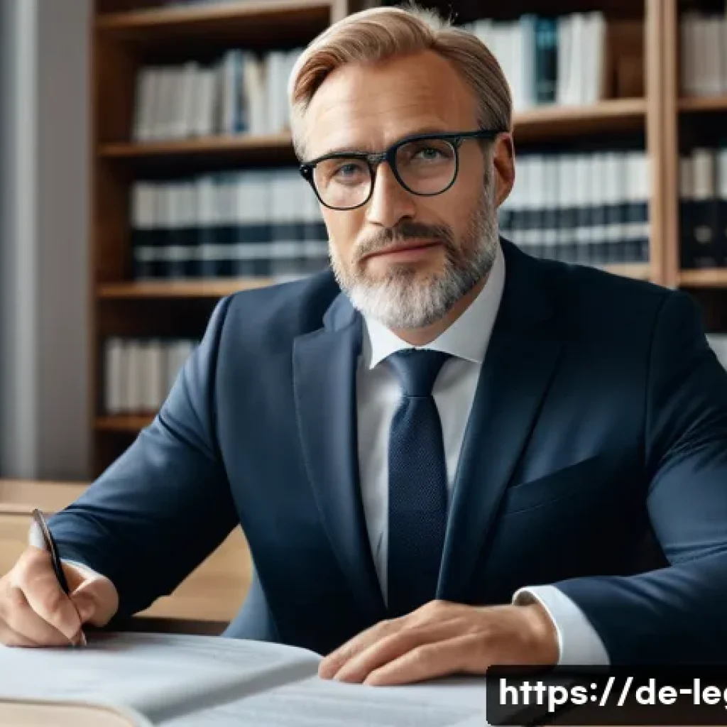 법률 자문가의 중요한 자격증 - A professional German lawyer in a modern office setting, wearing a tailored dark suit and glasses, c...