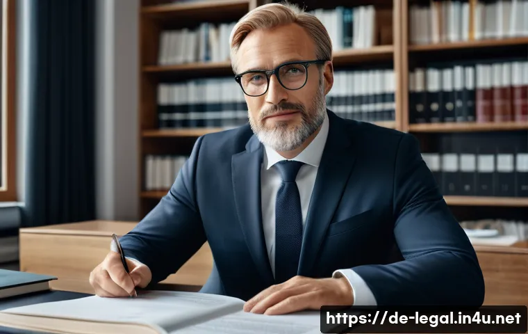 법률 자문가의 중요한 자격증 - A professional German lawyer in a modern office setting, wearing a tailored dark suit and glasses, c...