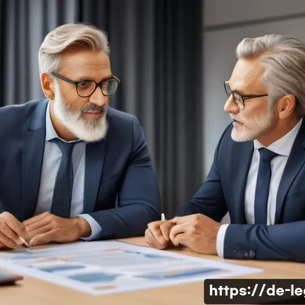 법률 자문가의 실무적 접근법 - A professional German lawyer in a modern office, explaining legal concepts clearly to a middle-aged ...