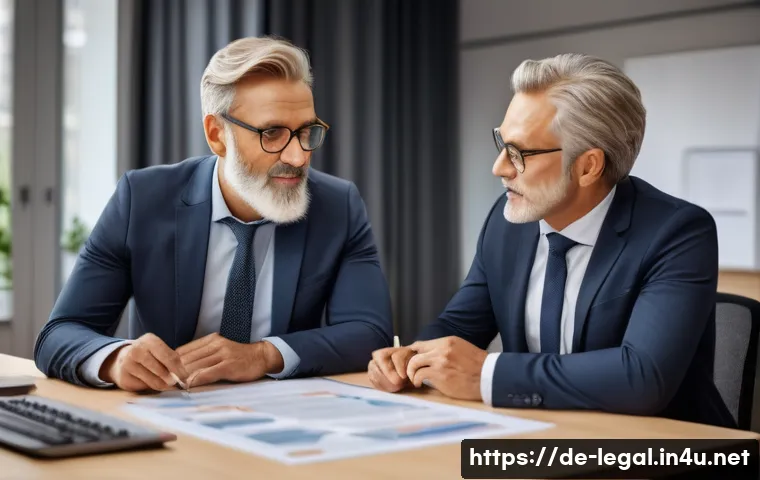 법률 자문가의 실무적 접근법 - A professional German lawyer in a modern office, explaining legal concepts clearly to a middle-aged ...