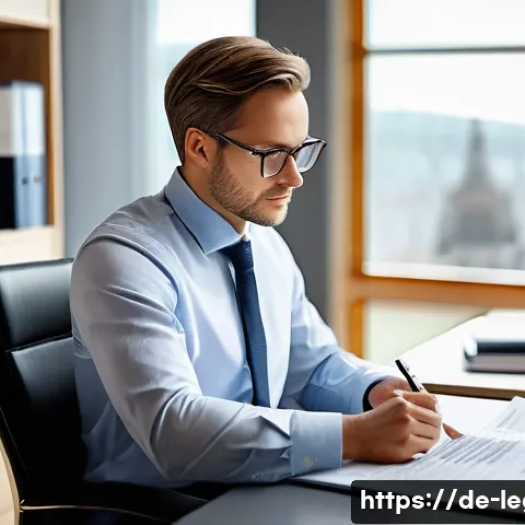 법률자문가의 법적 분석 - A professional German legal consultant in a modern office setting, attentively analyzing complex lab...