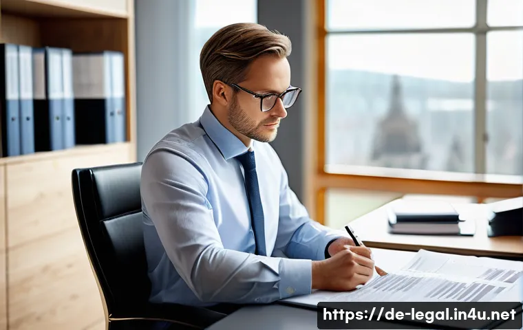 법률자문가의 법적 분석 - A professional German legal consultant in a modern office setting, attentively analyzing complex lab...