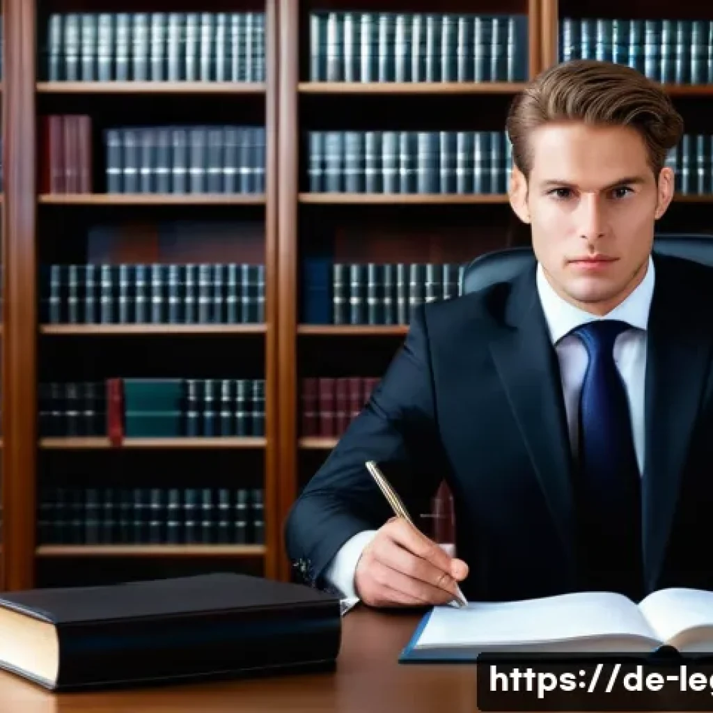 법률 자문가 경력 관리 - A professional German lawyer in a modern office setting, dressed in a sharp dark business suit with ...