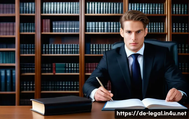 법률 자문가 경력 관리 - A professional German lawyer in a modern office setting, dressed in a sharp dark business suit with ...