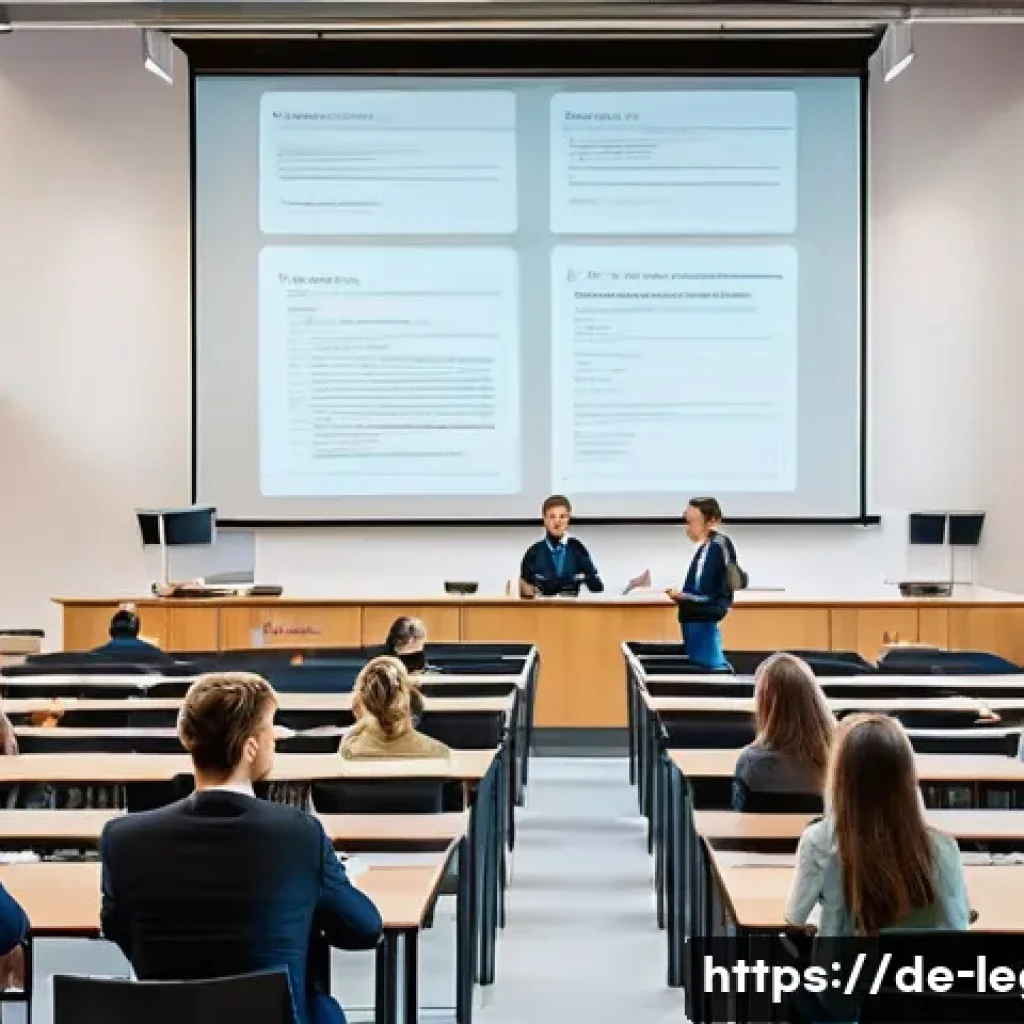 법률 자문가의 커리어 로드맵 - A modern German university lecture hall filled with diverse law students attentively listening to a ...