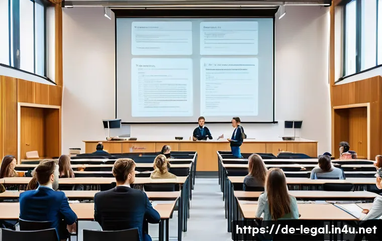 법률 자문가의 커리어 로드맵 - A modern German university lecture hall filled with diverse law students attentively listening to a ...