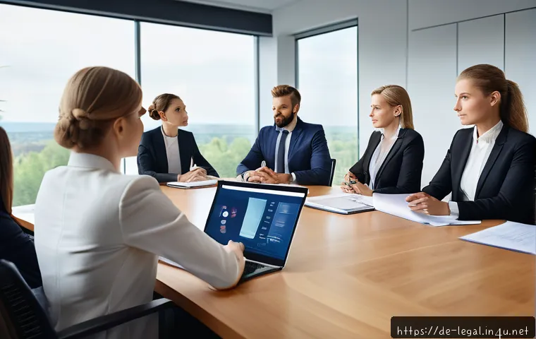 법률 자문가 업무 분담 - A professional legal team in a modern German law office engaged in a collaborative meeting around a ...