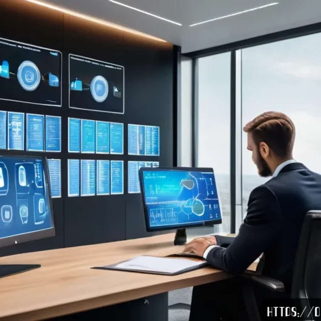 법률자문가의 업무 전략 - A modern German law office interior with a professional lawyer using AI-powered legal research softw...