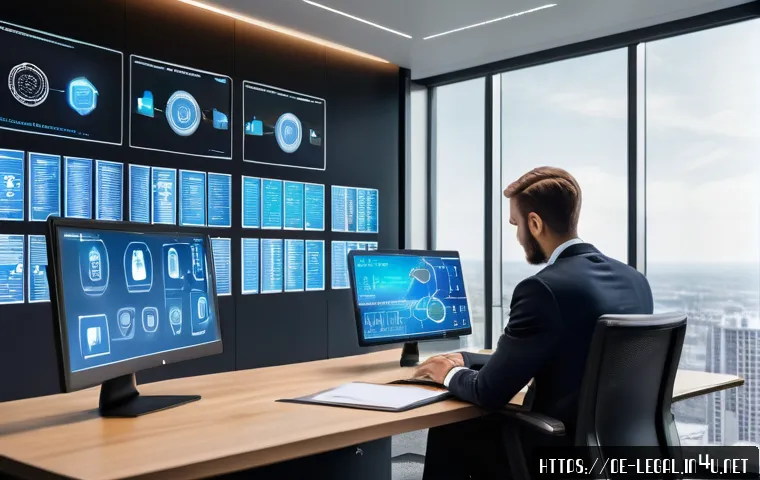 법률자문가의 업무 전략 - A modern German law office interior with a professional lawyer using AI-powered legal research softw...