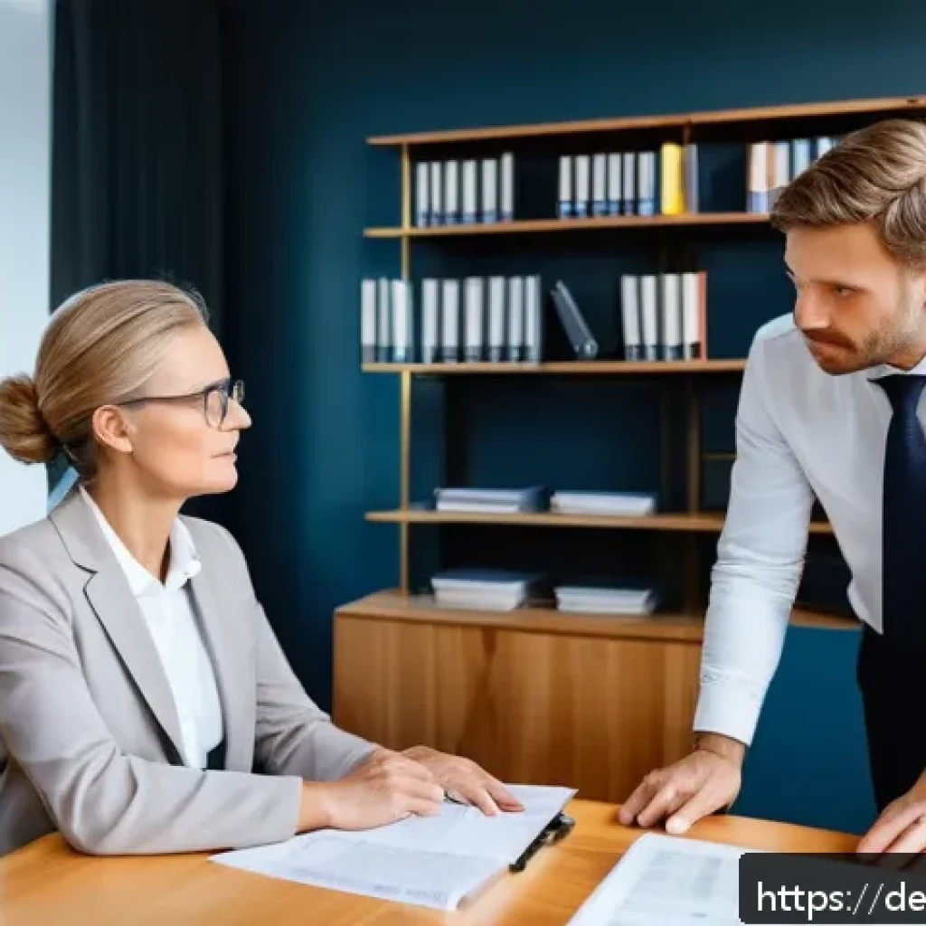 법률 자문가의 주요 업무 책임 - A modern German law office interior with a professional female lawyer attentively listening to a mid...