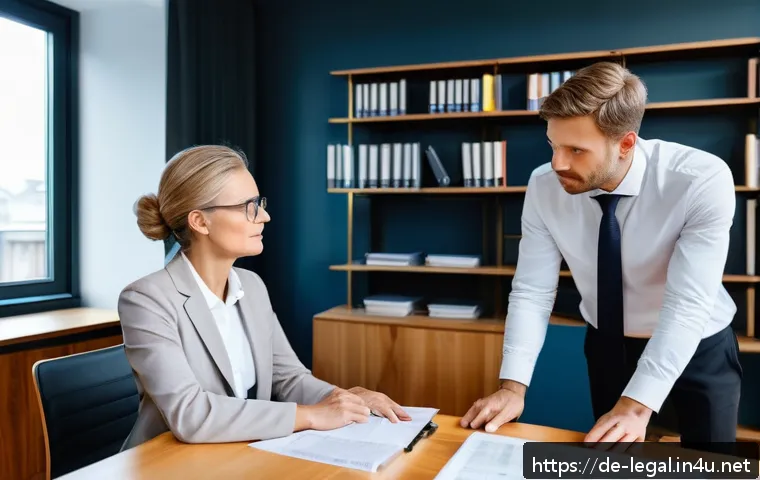 법률 자문가의 주요 업무 책임 - A modern German law office interior with a professional female lawyer attentively listening to a mid...