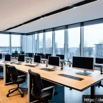 법률 실무에서의 효율성 증대 방법 - A modern German law office interior with lawyers and staff working efficiently on digital devices, m...