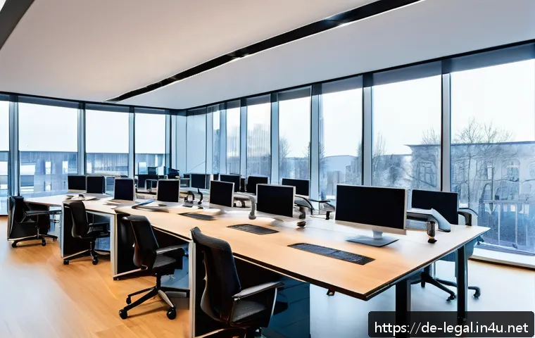 법률 실무에서의 효율성 증대 방법 - A modern German law office interior with lawyers and staff working efficiently on digital devices, m...