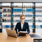 법률자문가의 실무적 접근법 - A modern German law office interior with a professional lawyer in smart business attire, sitting at ...