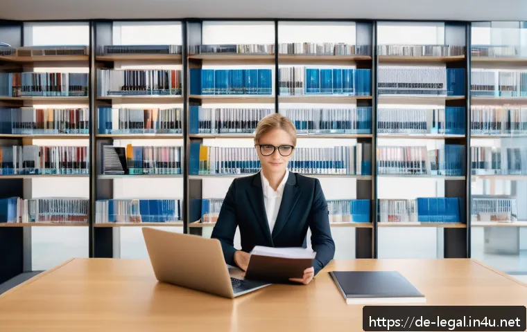 법률자문가의 실무적 접근법 - A modern German law office interior with a professional lawyer in smart business attire, sitting at ...