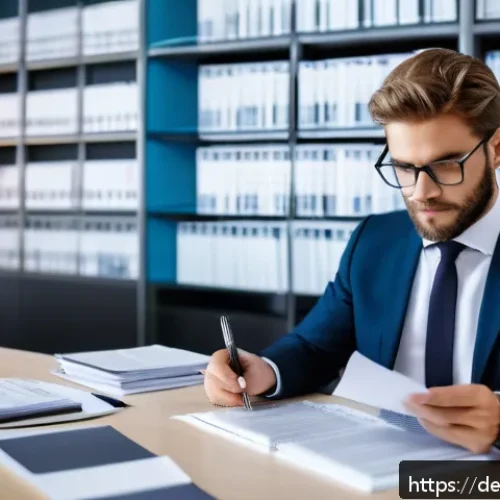 법률 자문가의 법률 검토 방법 - An elegant, modern office scene focused on a legal professional carefully reviewing a large contract...