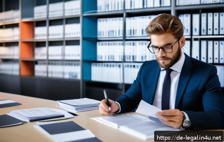 법률 자문가의 법률 검토 방법 - An elegant, modern office scene focused on a legal professional carefully reviewing a large contract...