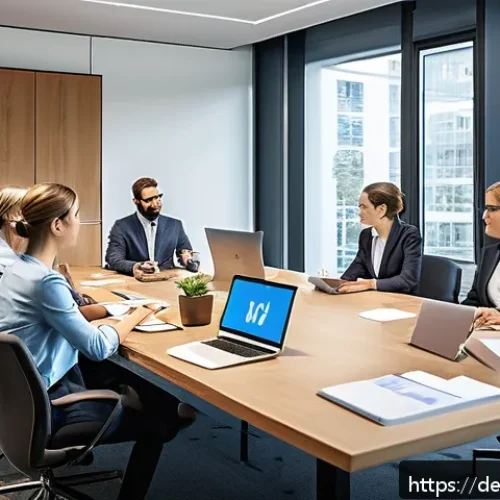 법률자문가의 커리어 설계 - A modern German law office scene showing diverse legal professionals collaborating around a sleek co...