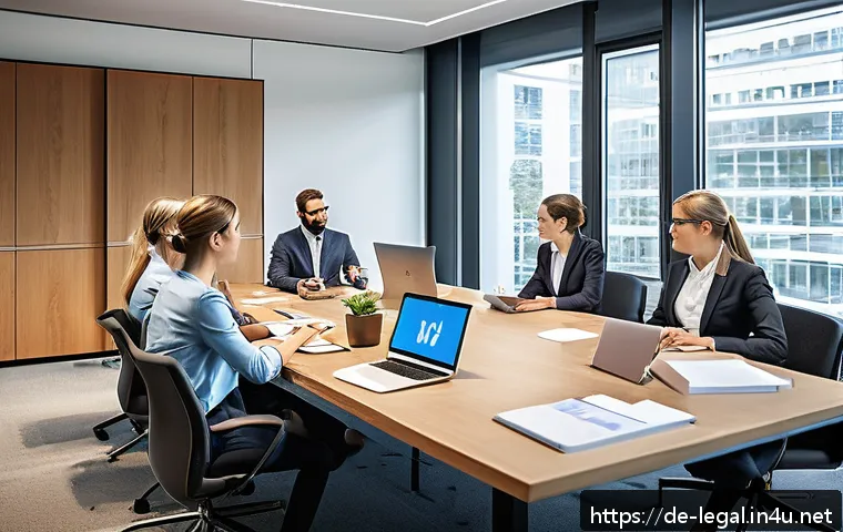 법률자문가의 커리어 설계 - A modern German law office scene showing diverse legal professionals collaborating around a sleek co...