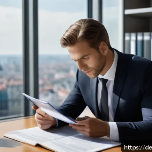 법률 자문가의 윤리적 책임 - A professional German lawyer in a modern office setting, thoughtfully reviewing legal documents and ...