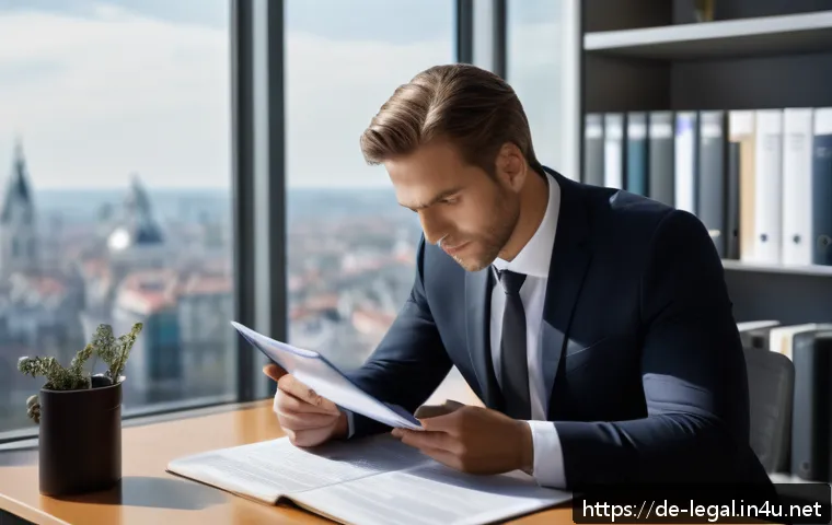 법률 자문가의 윤리적 책임 - A professional German lawyer in a modern office setting, thoughtfully reviewing legal documents and ...