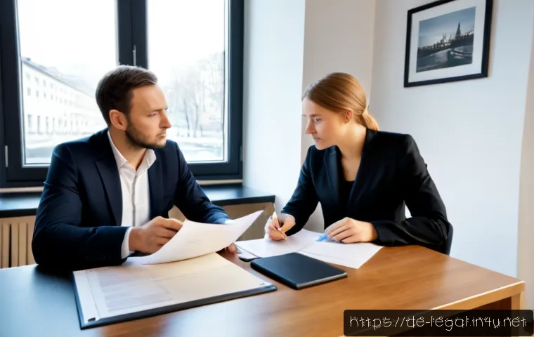법률 자문가의 직무 조정법 - Photorealistic German legal consultation scene in a modern Berlin law office, an experienced legal a...