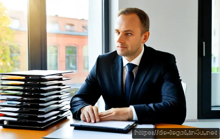 법률 자문가의 직무 효율화 전략 - Photorealistic German legal adviser working efficiently in a bright modern office in Berlin, organiz...